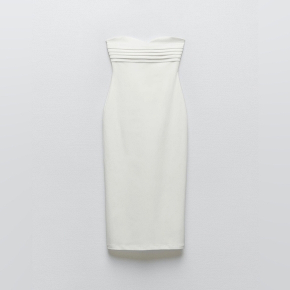 Zara Strapless White Bodycon Stretchy Midi Dress w Pleated Sweetheart Bustline - Picture 11 of 13